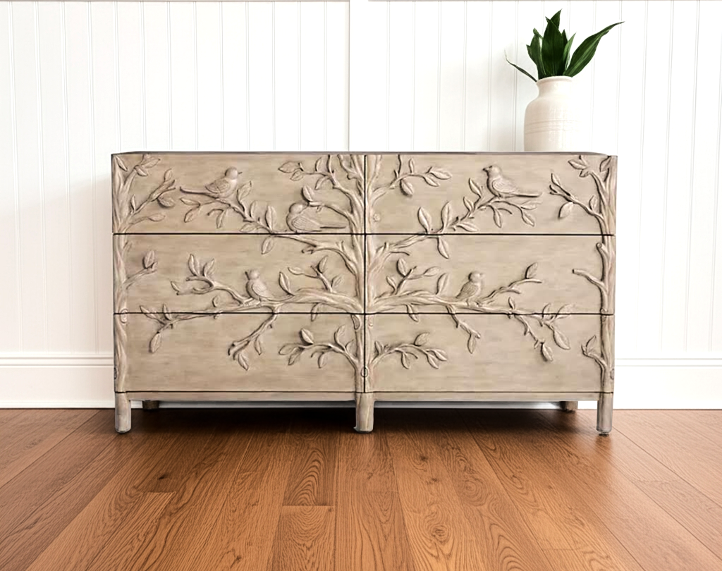 Hand Carved Ornithology Six-Drawer Dresser