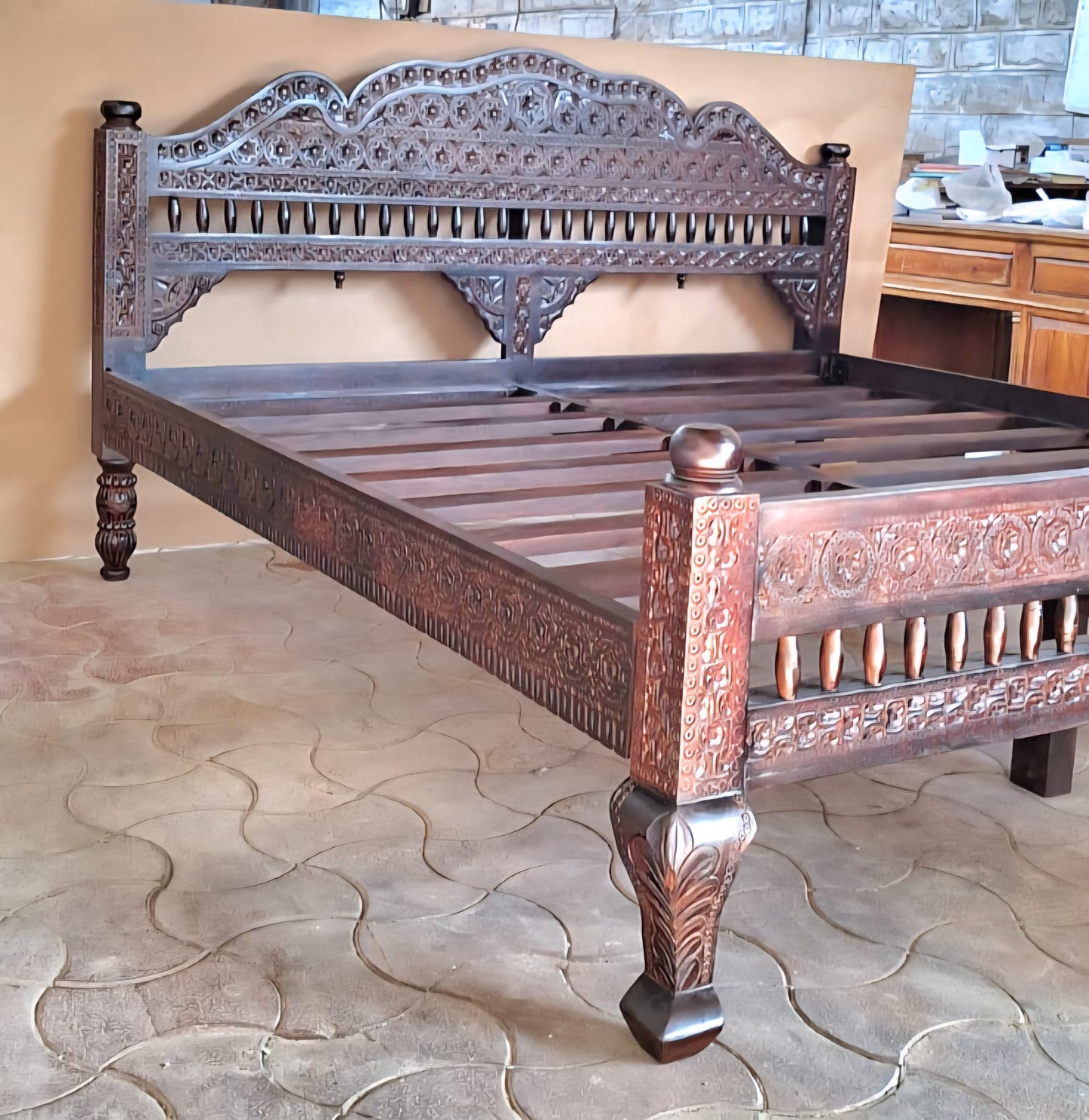 Khalifa Hand Carved Indian Solid Wooden Bed