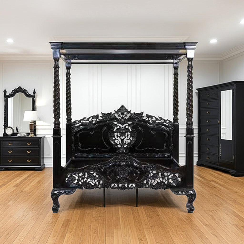 Kabak Gothic Hand Carved Solid Wooden Canopy Bed