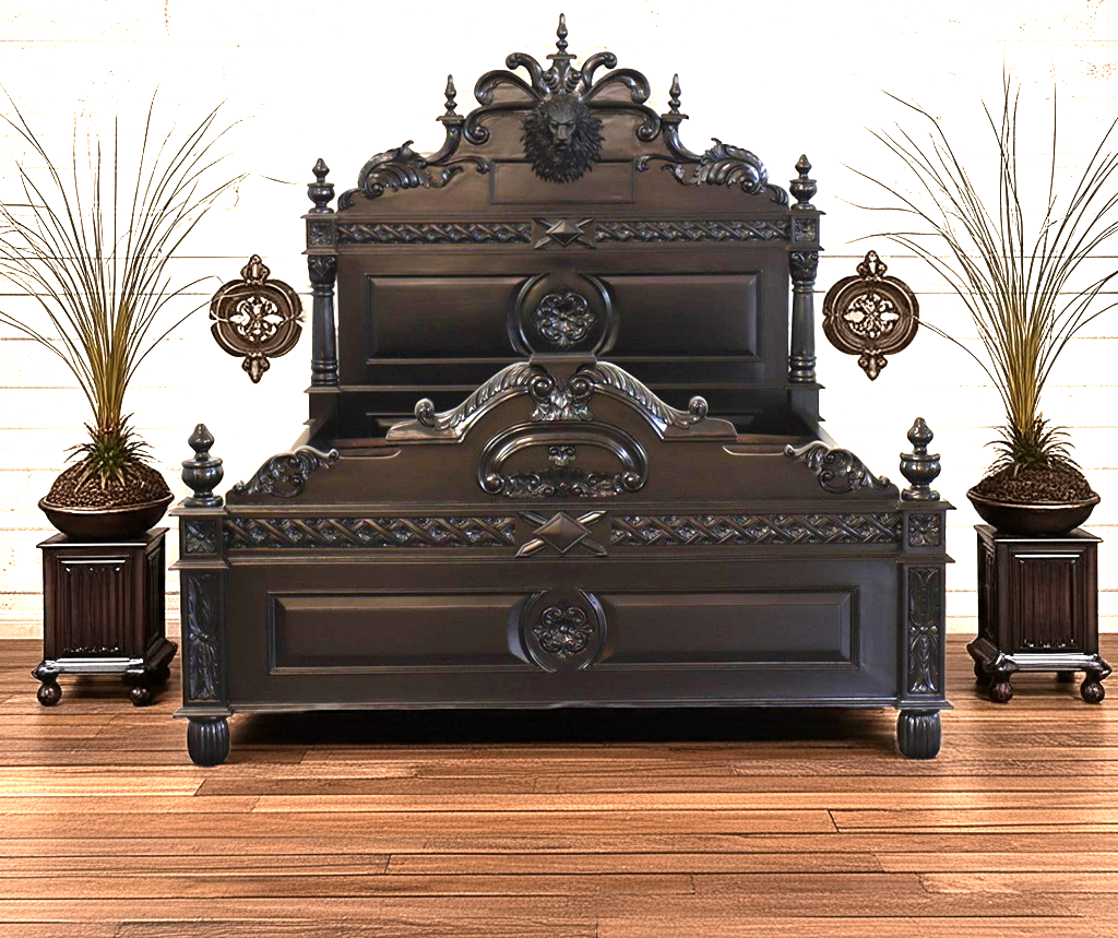 Lion Head Hand Carved Gothic Style Solid Wooden Bed