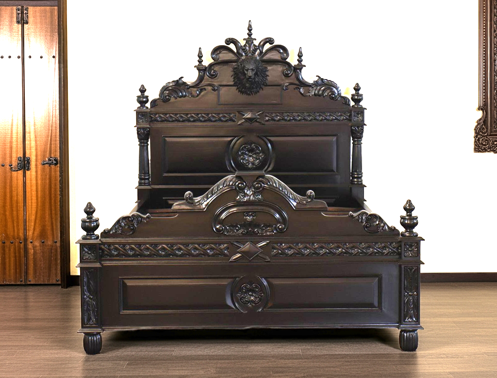 Lion Head Hand Carved Gothic Style Solid Wooden Bed
