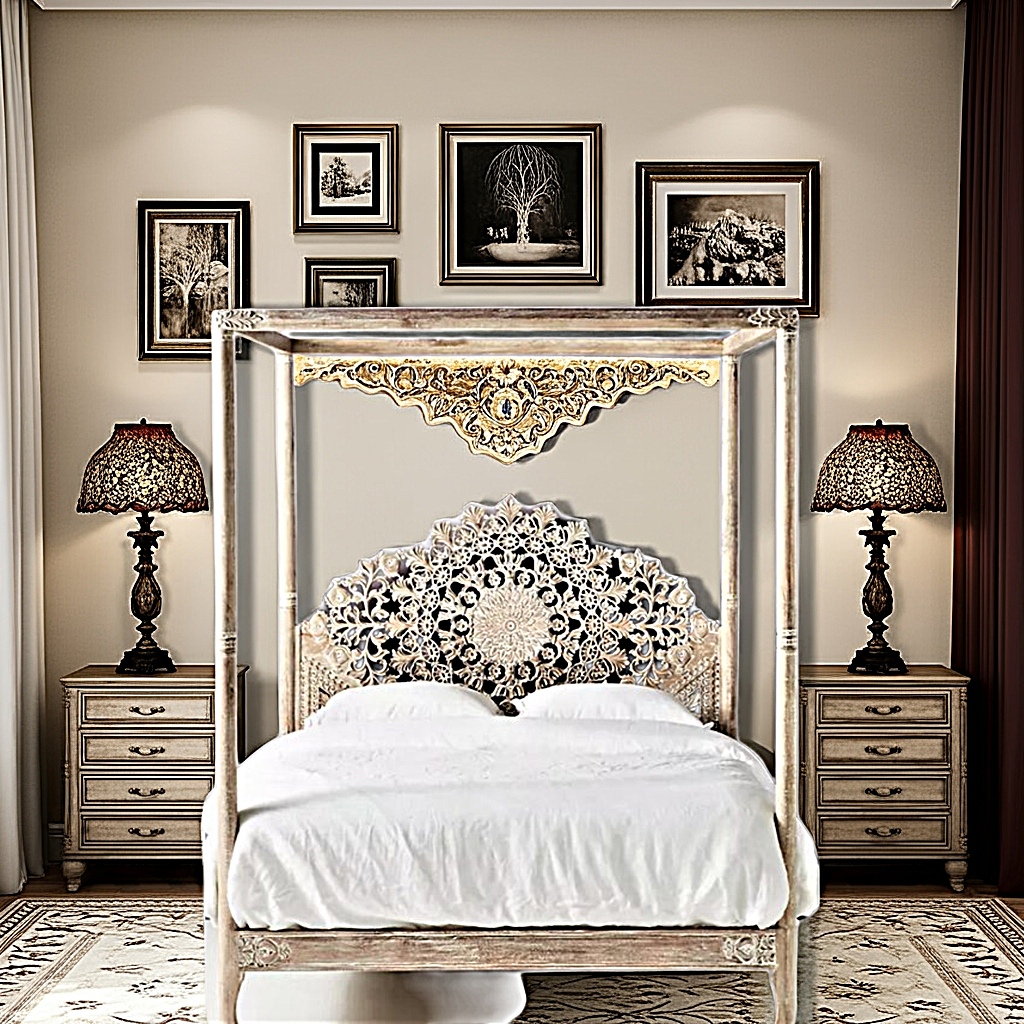 Shahi Mughal Hand Carved Indian Wooden Canopy Platform Bed