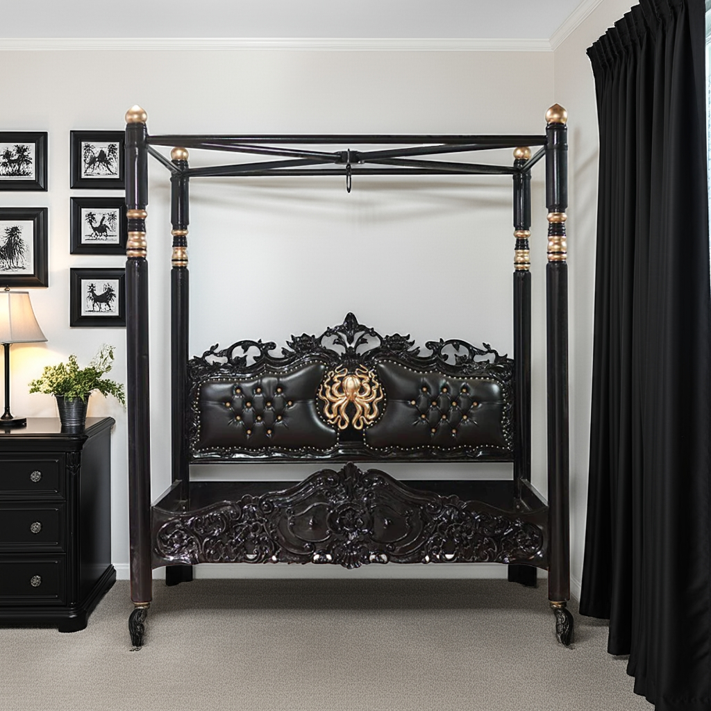 Huni Solid Mango Wood Hand Carved Bed
