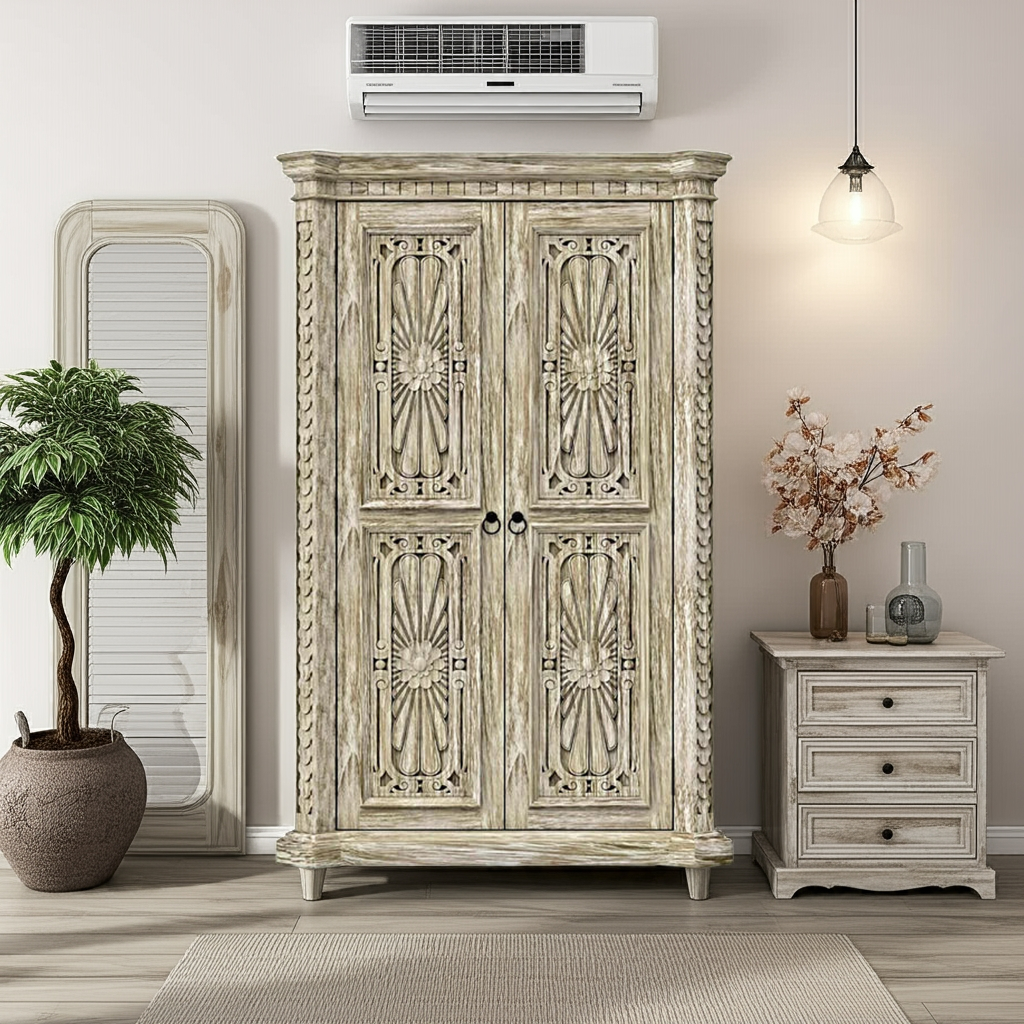 Nimbus Rustic Solid Wood Hand-Carved Armoire With 4 Drawers