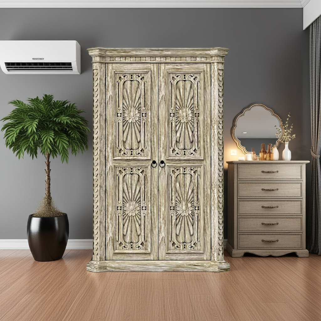 Nimbus Rustic Solid Wood Hand-Carved Armoire With 4 Drawers