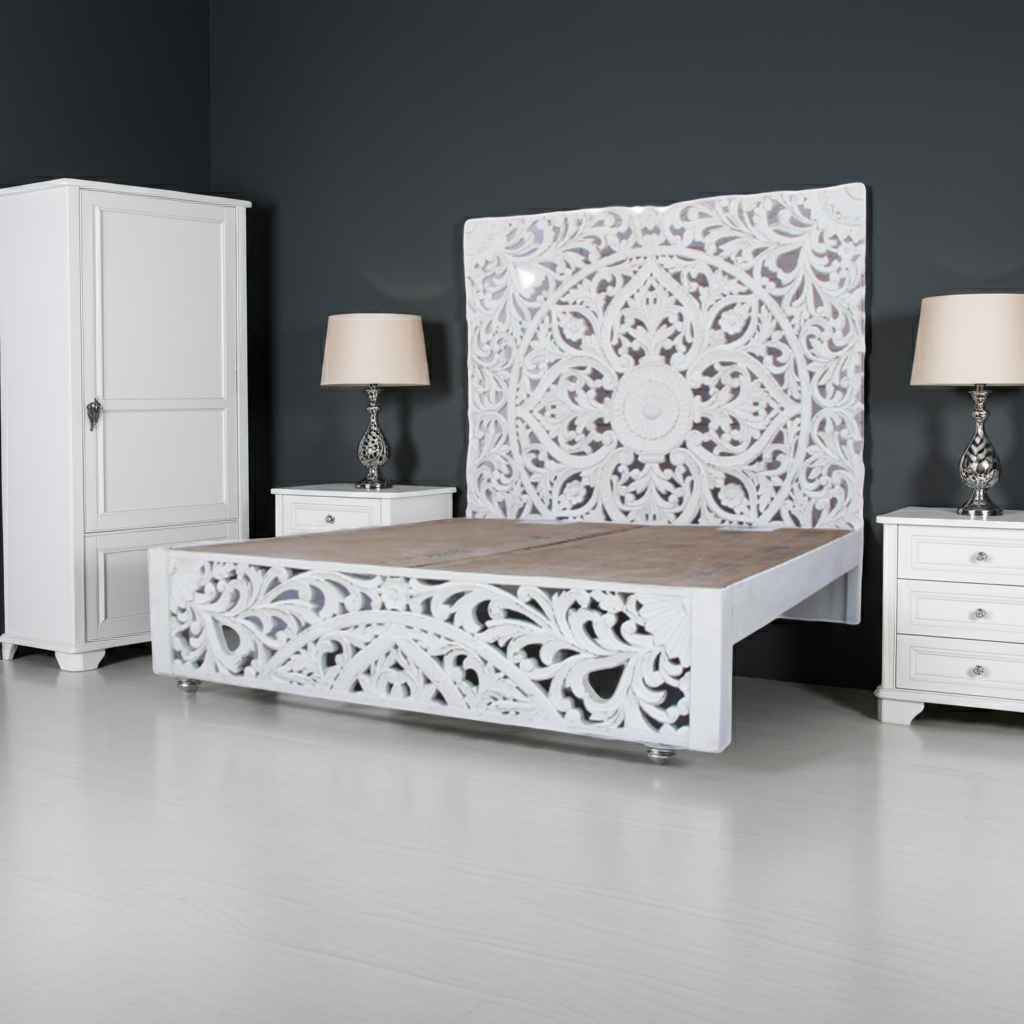 Amani Hand Carved Indian Solid wooden bed frame White