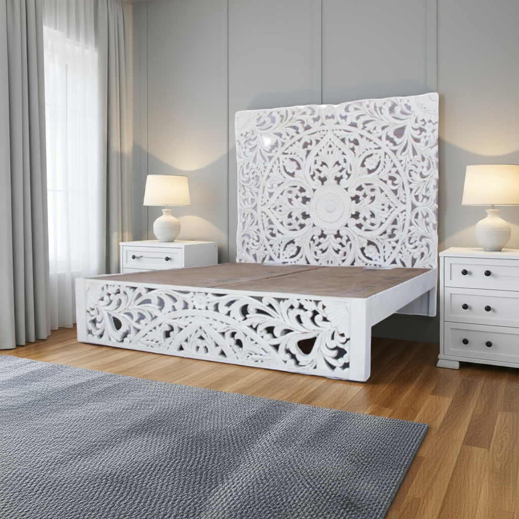 Amani Hand Carved Indian Solid wooden bed frame White