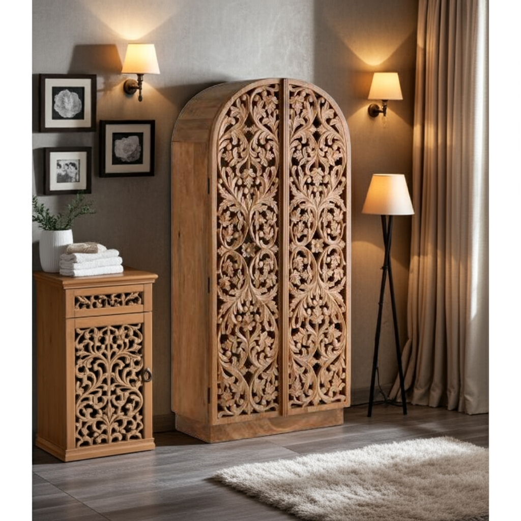 Sitra Arched Natural Floral Hand Carved Wood Storage Cabinet