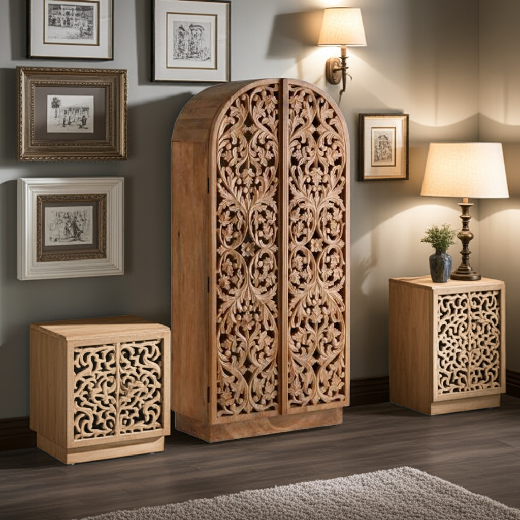Sitra Arched Natural Floral Hand Carved Wood Storage Cabinet