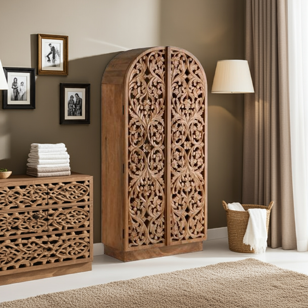 Sitra Arched Natural Floral Hand Carved Wood Storage Cabinet