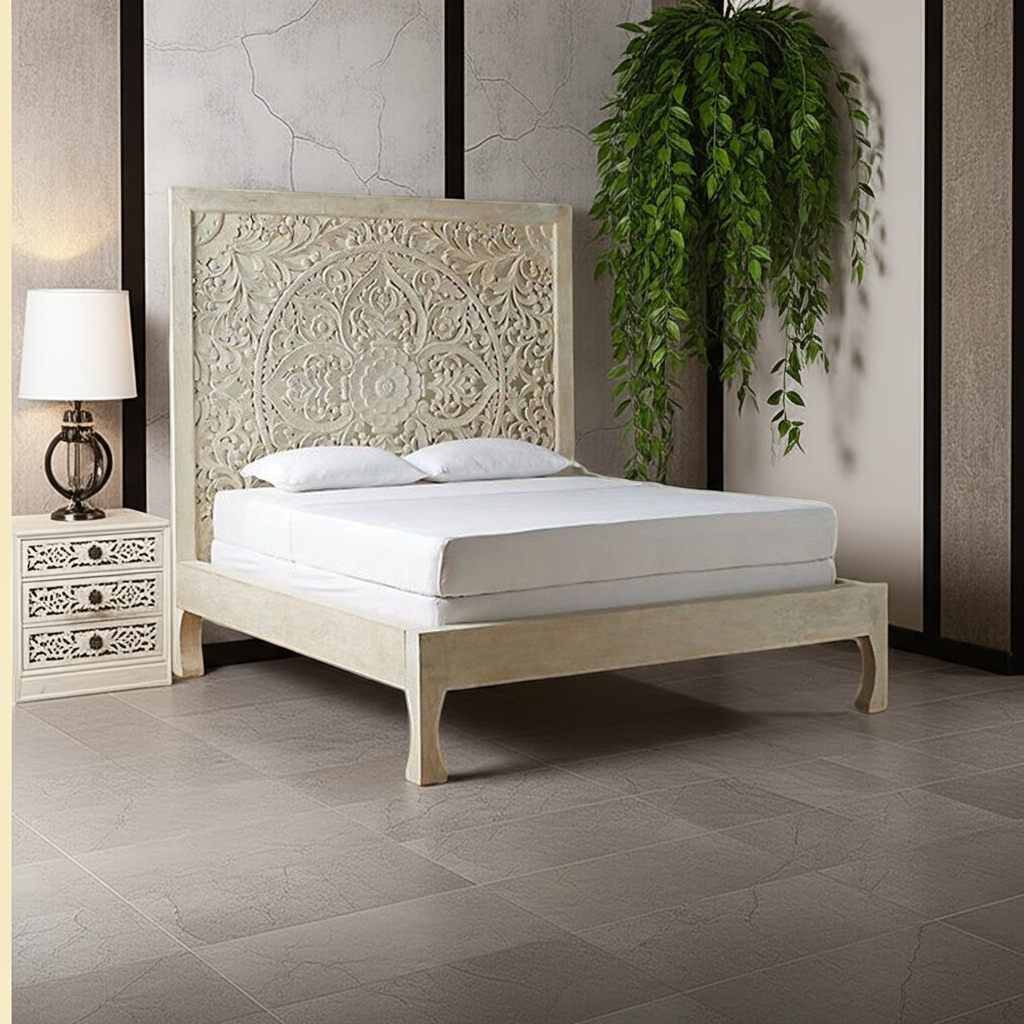 Dynasty hand carved Indian Solid wooden bed frame White