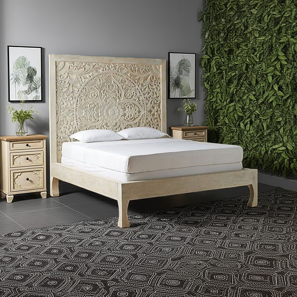Dynasty hand carved Indian Solid wooden bed frame White
