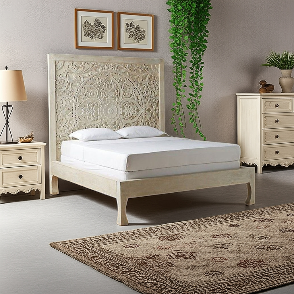 Dynasty hand carved Indian Solid wooden bed frame White