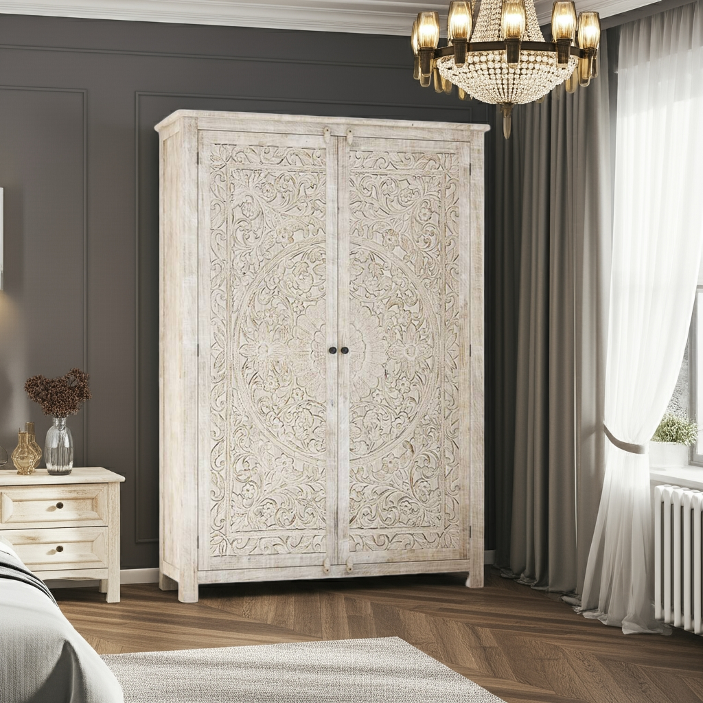 Salman Hand carved Solid Wood Large White Wardrobe Armoire
