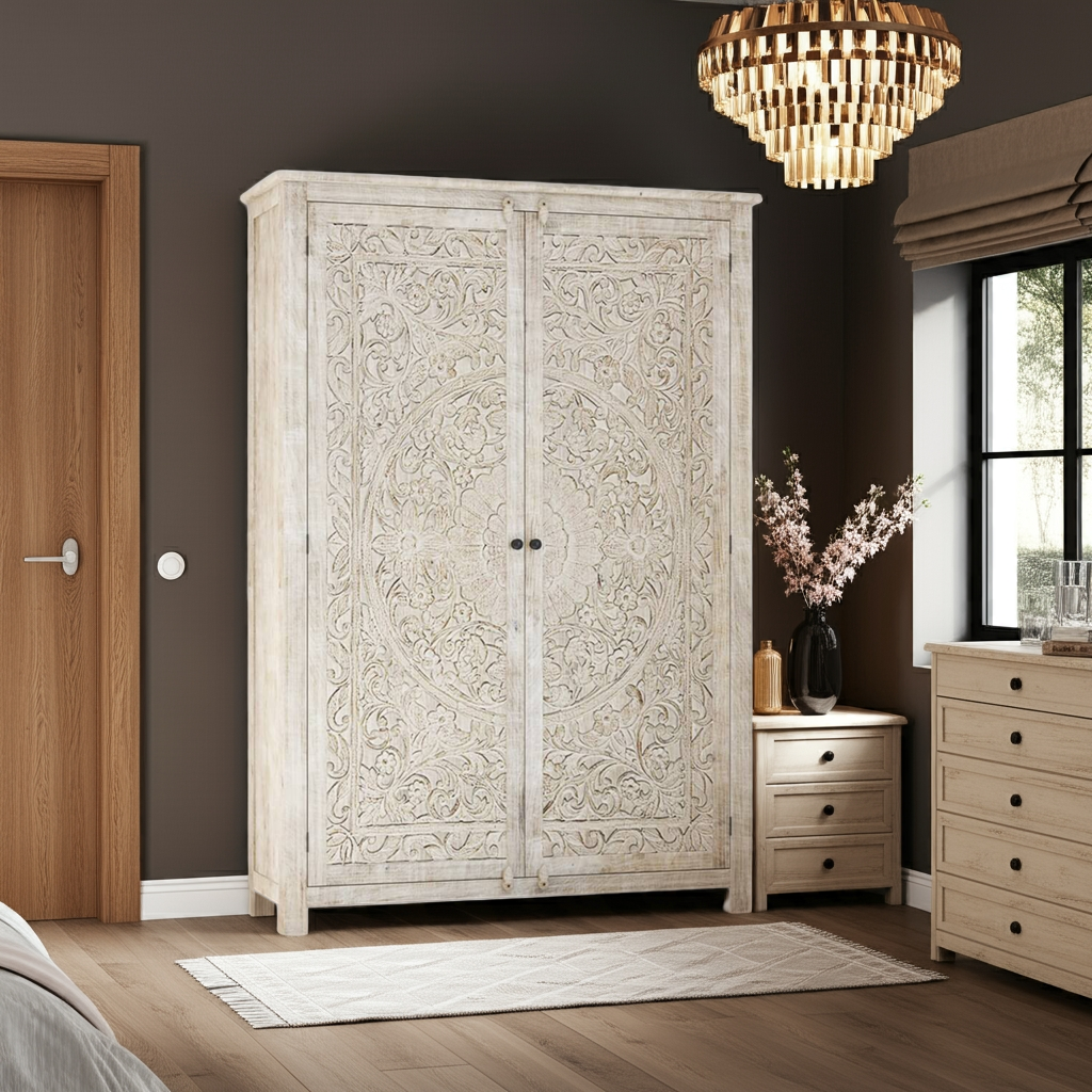Salman Hand carved Solid Wood Large White Wardrobe Armoire