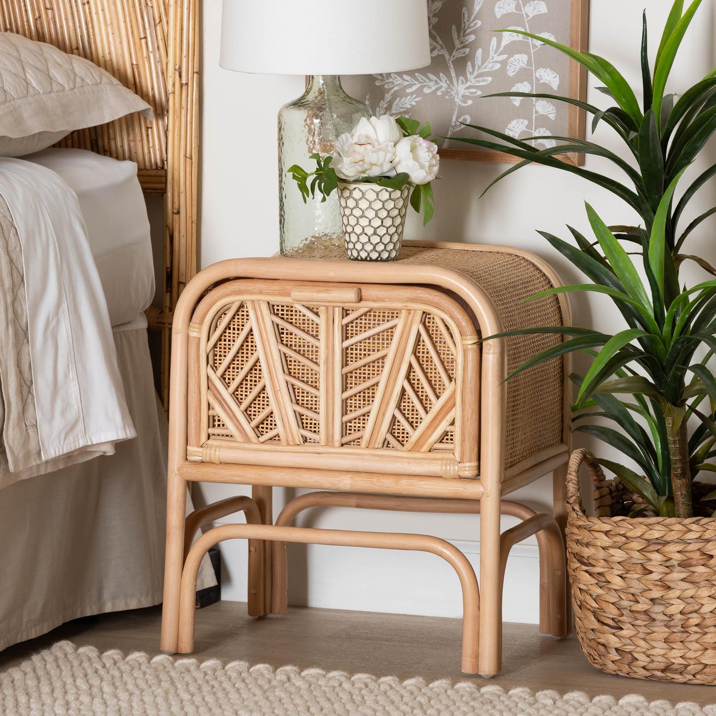 Calvin & Bay Natural Bohemian Rattan 1 Drawer Bedside / Nightstand by Hibashi Furniture – handcrafted solid wood furniture made in India