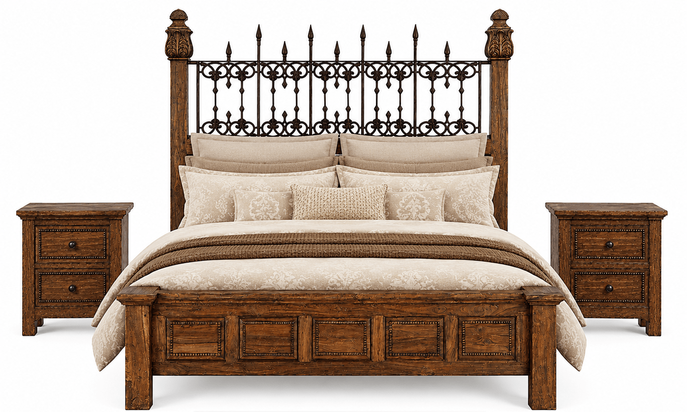 Castilla Forge™ Rustic Gothic Solid Wood & Wrought Iron Platform Bed Collection – handcrafted solid wood furniture