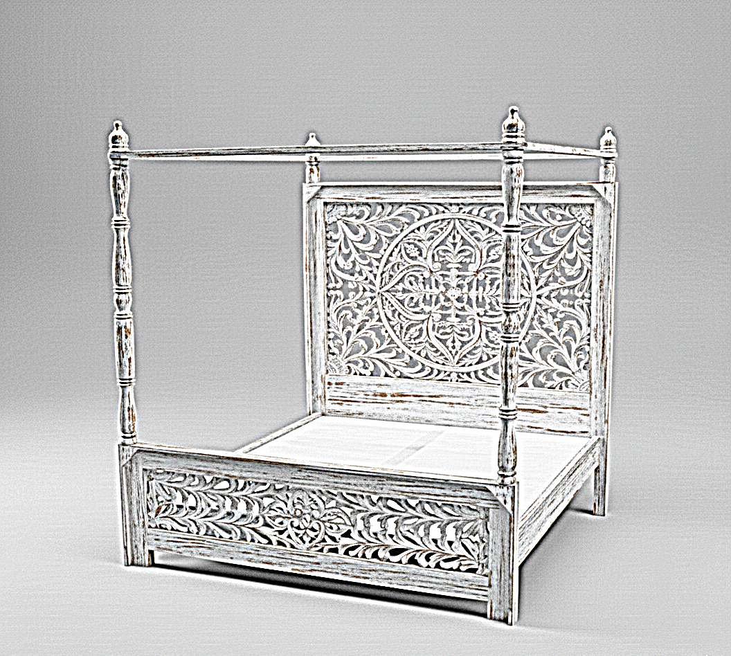 Indian Hand-Carved Wood Canopy Platform Platform Bed Frame