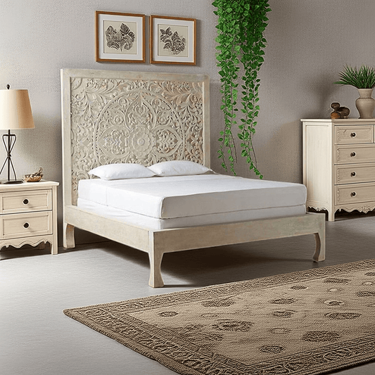 Dynasty hand carved Indian Solid wooden bed frame White – handcrafted solid wood furniture