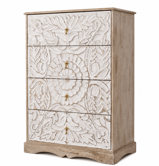 Elegant Floral Hand-Carved Indian Chest drawer – handcrafted solid wood furniture