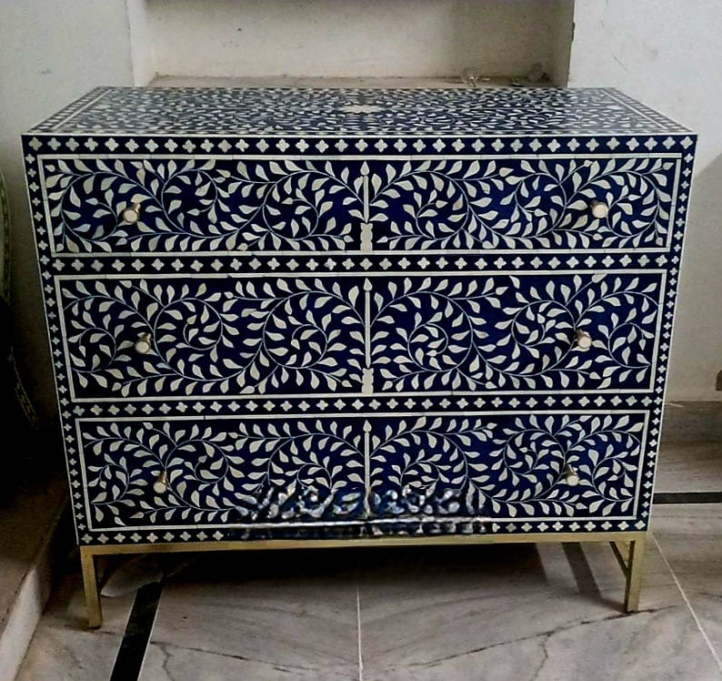 Floral Bone Inlay Chest Of 3 Drawers Dresser – handcrafted solid wood furniture