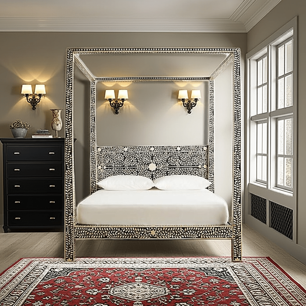 Fontana Bone Inlay 4 Post Bed – handcrafted solid wood furniture