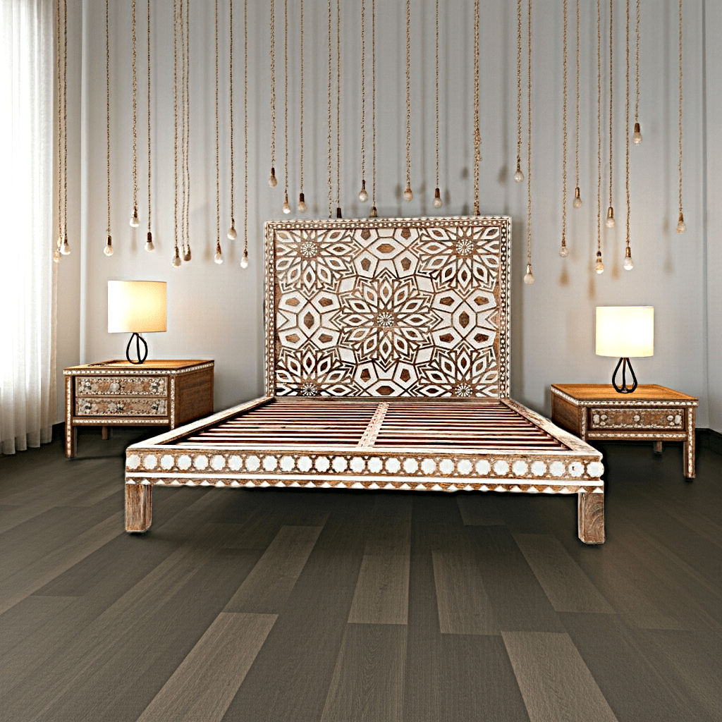 Geometric Floral Design Handmade Wooden Bed by Hibashi Furniture – handcrafted solid wood furniture made in India