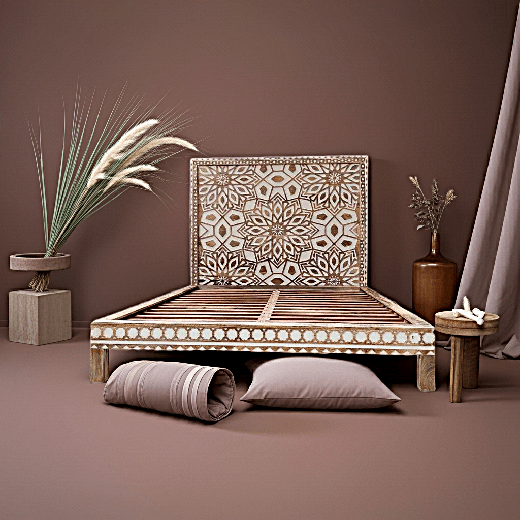 Geometric Floral Design Handmade Wooden Bed by Hibashi Furniture – handcrafted solid wood furniture made in India