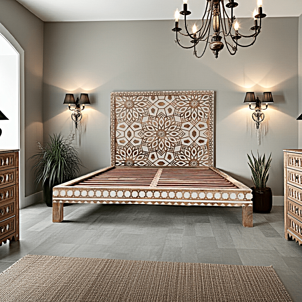 Geometric Floral Design Handmade Wooden Bed by Hibashi Furniture – handcrafted solid wood furniture made in India
