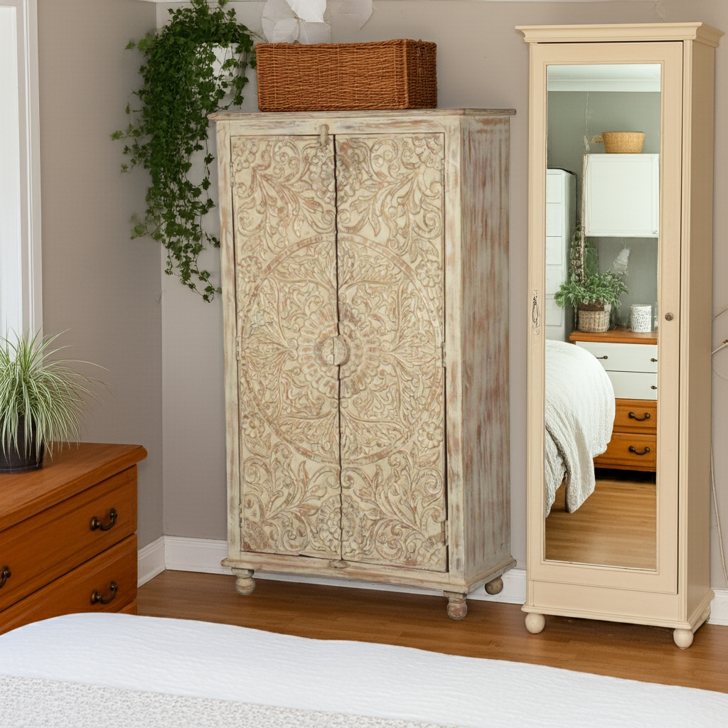 Alona Hand carved Solid Wood Distressed White Armoire w Shelves