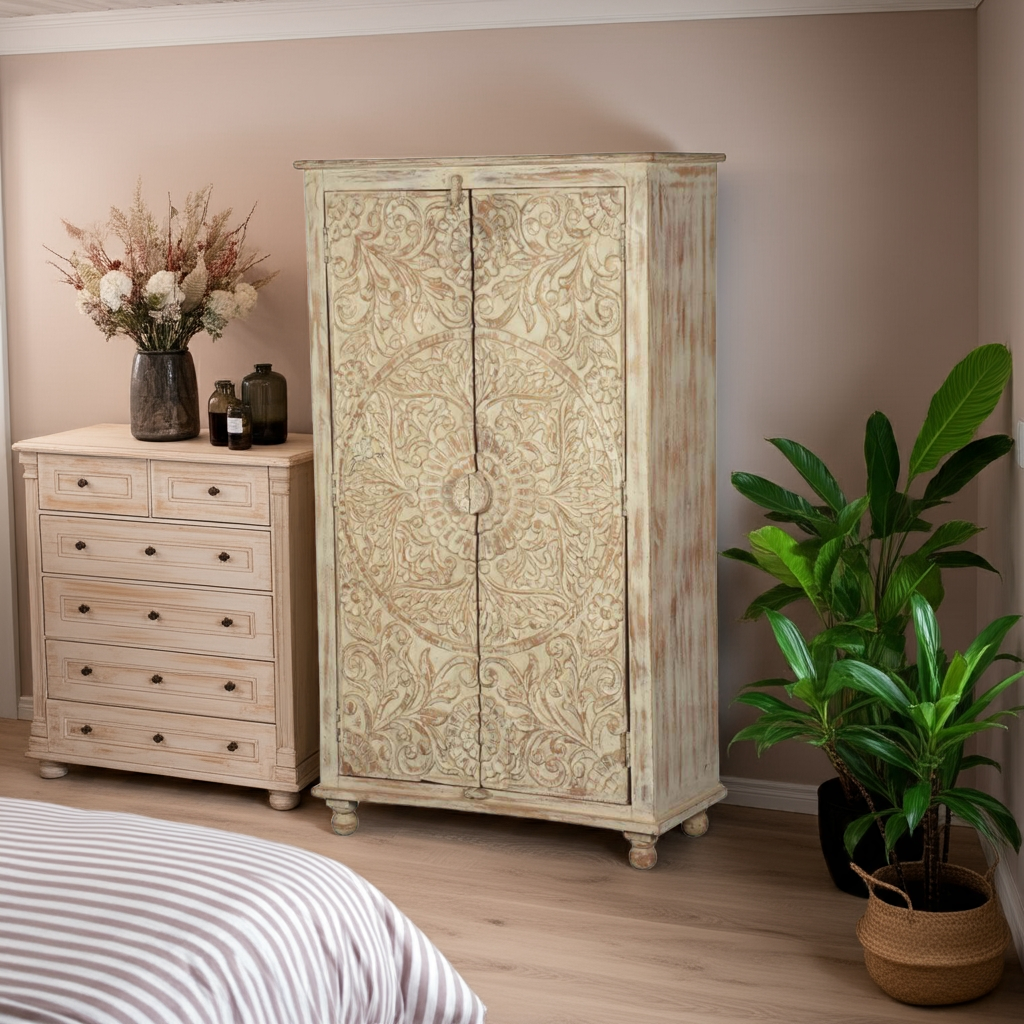 Alona Hand carved Solid Wood Distressed White Armoire w Shelves
