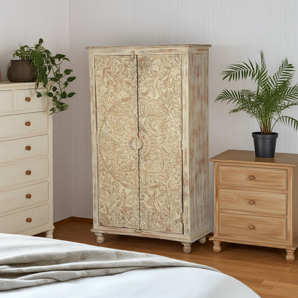 Alona Hand carved Solid Wood Distressed White Armoire w Shelves
