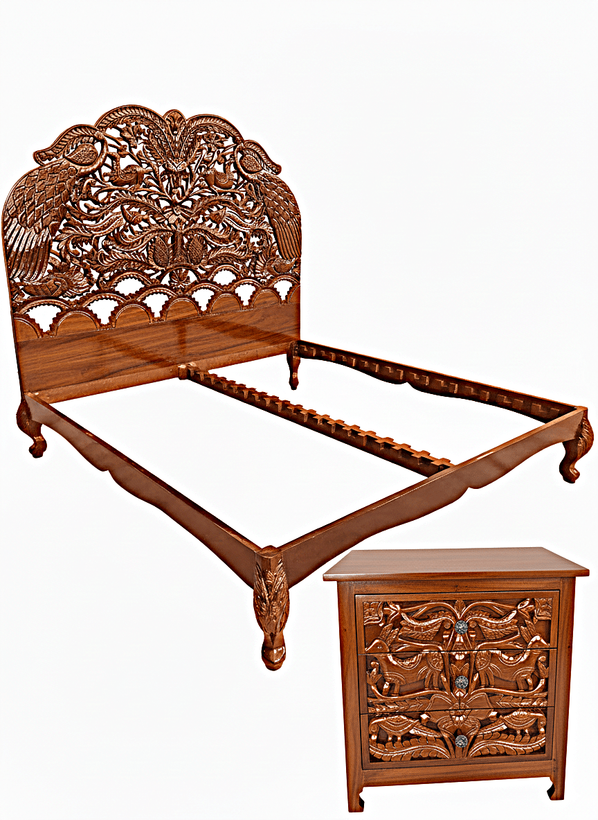 Hand Carved Indian Shajahan Bed Frame Indian Bed bedside – handcrafted solid wood furniture