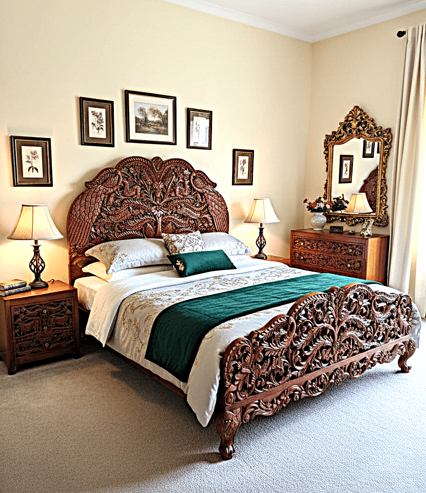 Hand Carved Indian Shajahan Bed Frame Indian Bed bedside - HF Commercial Furniture