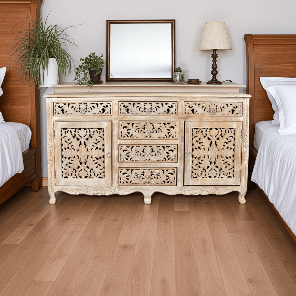 Hand carved Indian solid wooden Nadia 6 drawers combo dresser by Hibashi Furniture – handcrafted solid wood furniture made in India