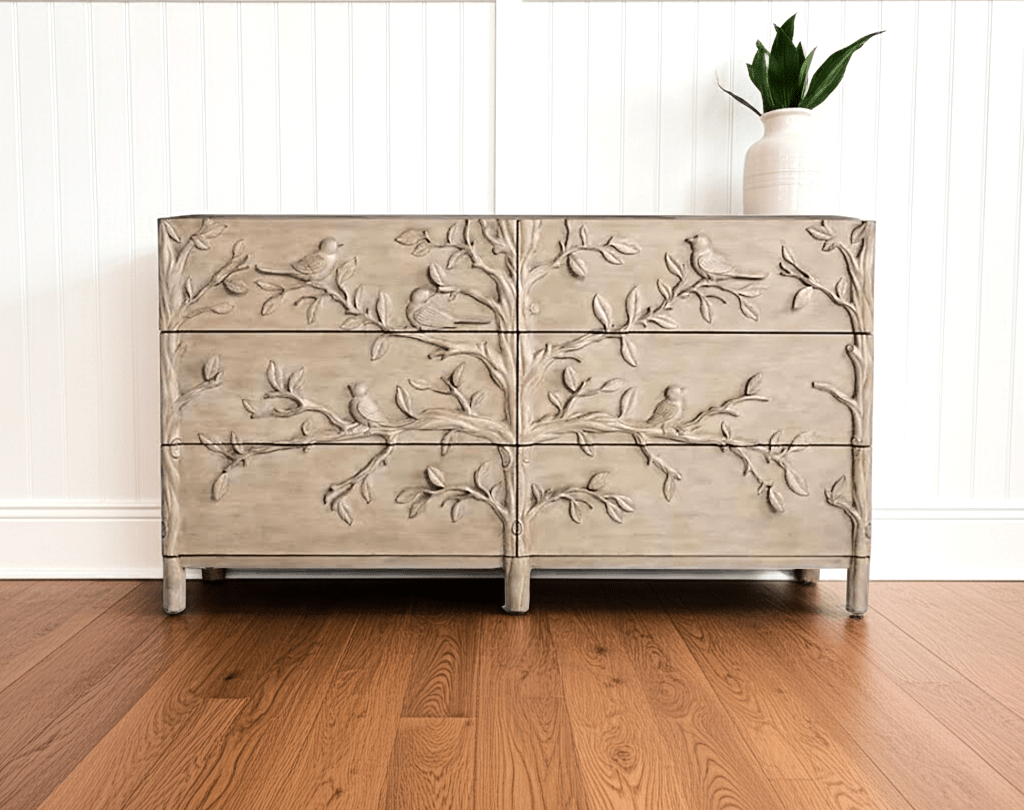Hand Carved Ornithology Six - Drawer Dresser by Hibashi Furniture – handcrafted solid wood furniture made in India
