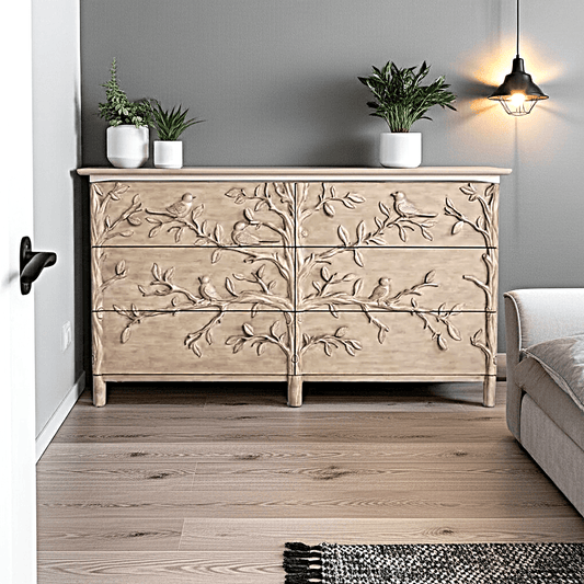 Hand Carved Ornithology Six - Drawer Dresser – handcrafted solid wood furniture