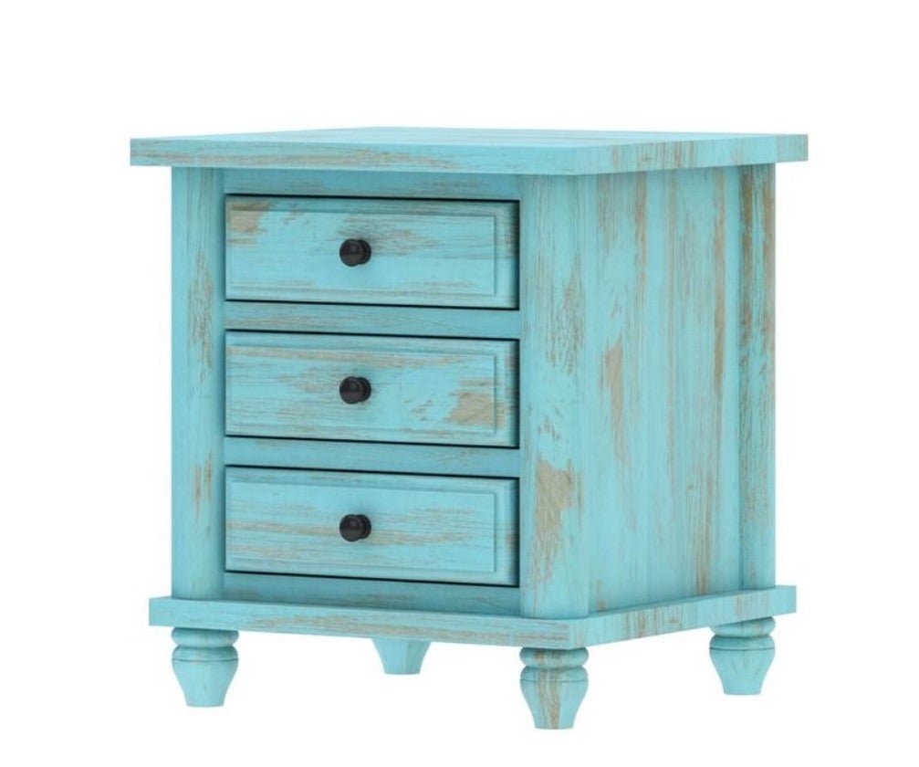 Hand Carved Turquoise Solid Mango Wood 3 Drawer Bedside / Nightstand by Hibashi Furniture – handcrafted solid wood furniture made in India