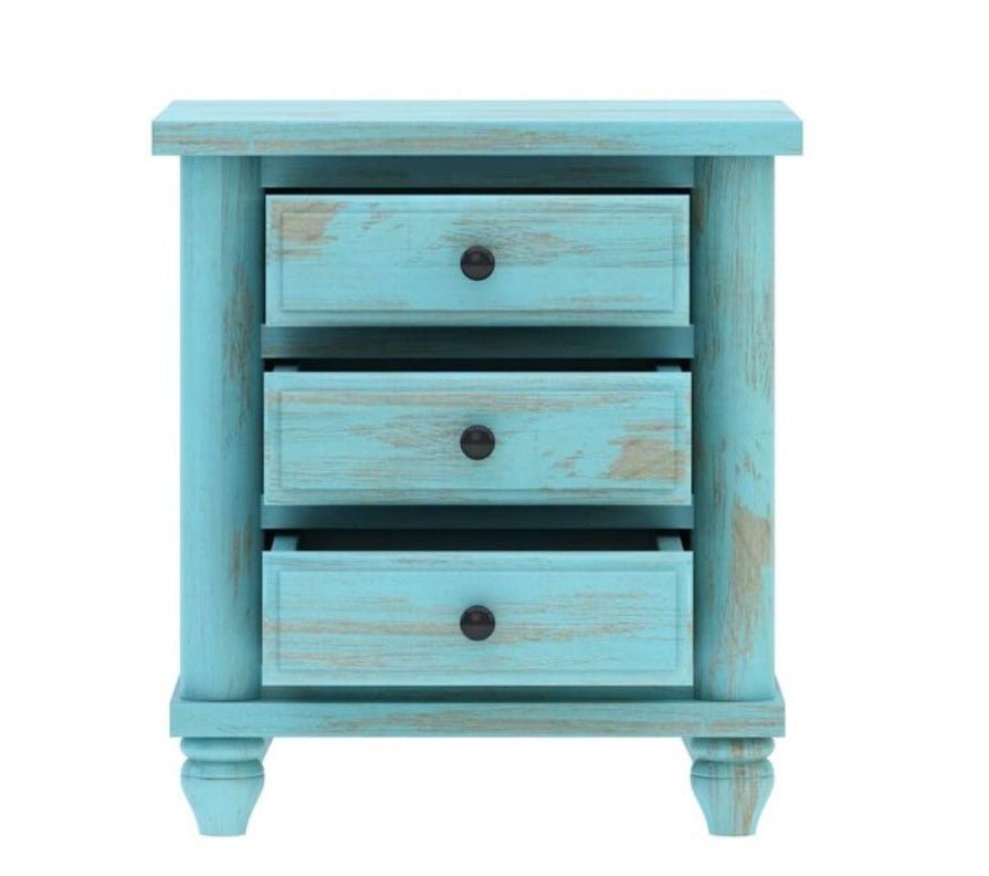 Hand Carved Turquoise Solid Mango Wood 3 Drawer Bedside / Nightstand by Hibashi Furniture – handcrafted solid wood furniture made in India