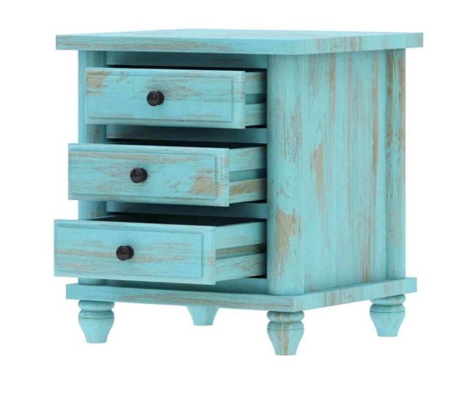Hand Carved Turquoise Solid Mango Wood 3 Drawer Bedside / Nightstand by Hibashi Furniture – handcrafted solid wood furniture made in India