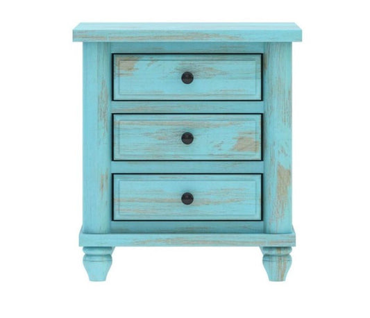 Hand Carved Turquoise Solid Mango Wood 3 Drawer Bedside / Nightstand – handcrafted solid wood furniture