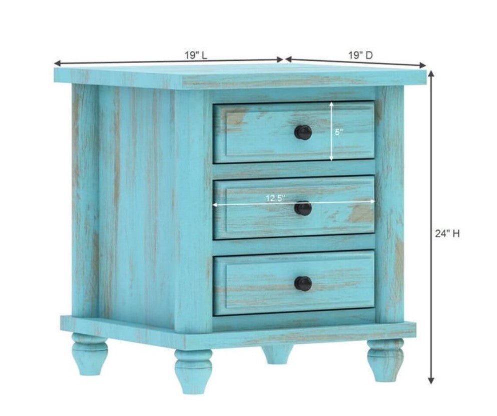 Hand Carved Turquoise Solid Mango Wood 3 Drawer Bedside / Nightstand by Hibashi Furniture – handcrafted solid wood furniture made in India