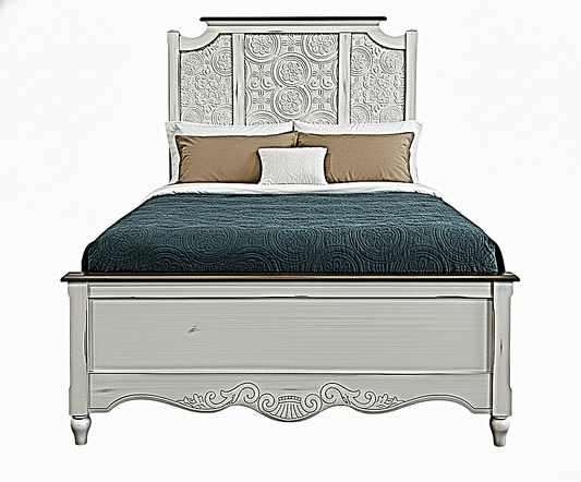 Hand - Carved Whitewash Panel Platform Bed & 5 - Piece Luxury Bedroom Set – handcrafted solid wood furniture