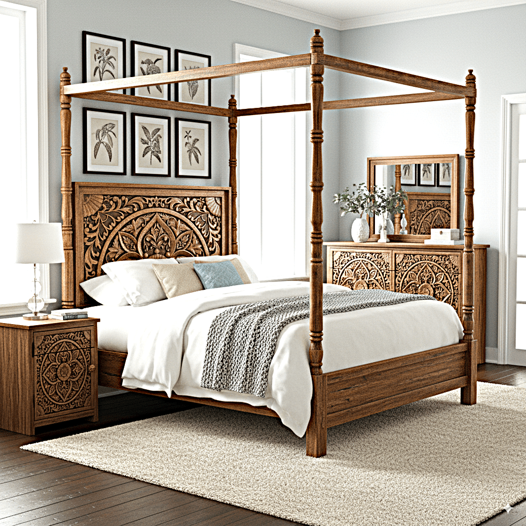 Ilano Weathered Hand - carved Solid Mango Wood Canopy Platform Bed - HF Commercial Furniture