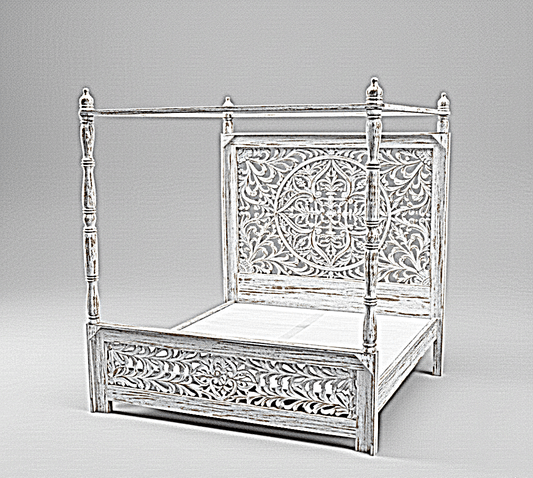 Indian Hand Carved wooden High Headboard Canopy Bed Frame – handcrafted solid wood furniture
