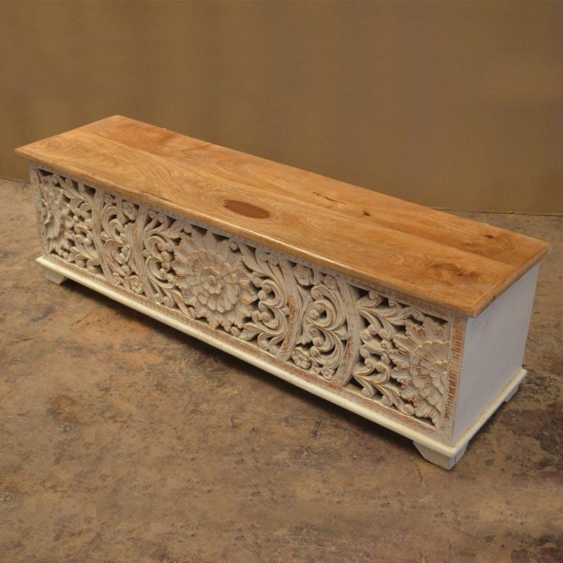 JALI Hand Carved Chest Box, handmade Footboard runner Storage chest by Hibashi Furniture – handcrafted solid wood furniture made in India