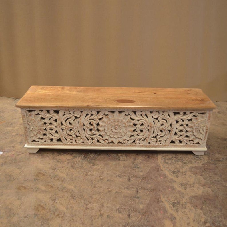 JALI Hand Carved Chest Box, handmade Footboard runner Storage chest by Hibashi Furniture – handcrafted solid wood furniture made in India