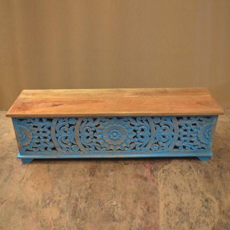 JALI Hand Carved Chest Box, handmade Footboard runner Storage chest by Hibashi Furniture – handcrafted solid wood furniture made in India
