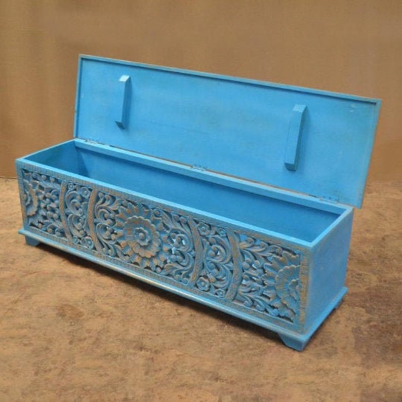 JALI Hand Carved Chest Box, handmade Footboard runner Storage chest by Hibashi Furniture – handcrafted solid wood furniture made in India