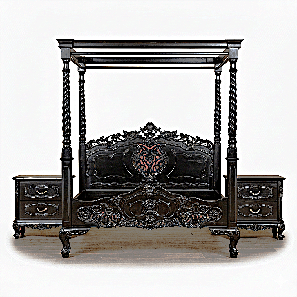 Kabak Gothic Hand Carved Solid Wooden Canopy Platform Bed – handcrafted solid wood furniture